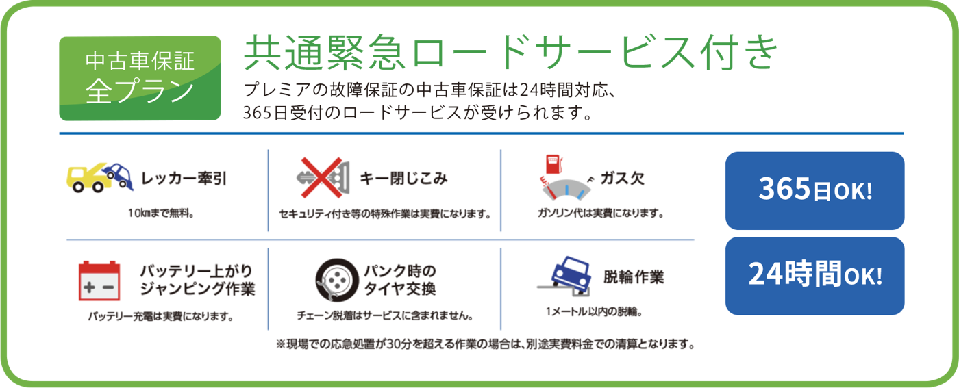 中古車保証全プラン共通 緊急ロードサービス付き 24時間対応365日受付
